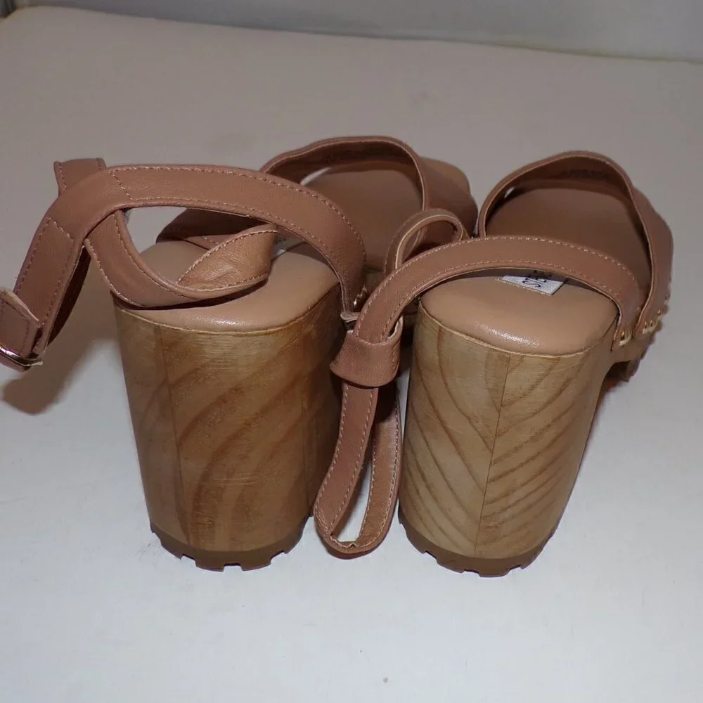 Steve Madden Ocala Tan Leather Ankle Strap Squared Open Toe Studded Wood‎ - Picture 5 of 8